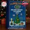 Close-up of Florida Gators Holiday Advent Calendar 2025 box with festive tree, stadium illustration, and holiday decorations.
