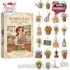 Florist Life Advent Calendar 2025 box with 24 floral-themed ornaments including plants, tools, aprons, and flower jars in a vintage soft color palette.
