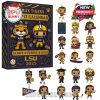 An LSU-themed advent calendar containing 24 collectible ornaments including mascots, football players, cheerleaders, graduates, and other university icons. Box is dark purple with gold accents and 