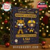 A holiday-themed setting with the LSU advent calendar in focus on a wooden table, surrounded by Christmas decorations. Perfectly framed to market as a seasonal collectible or gift for LSU supporters!