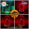 Glass domes and tubes containing horror action figures like Freddy and Jason, lit from below with vibrant red and green LEDs, perfect for Halloween fans and collectible enthusiasts.