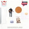 A horror collectible display set laid out in pieces: a plastic figure, LED base, cylindrical cover, rock-weighted chain, tiny stones, and setup guide for easy assembly at home.