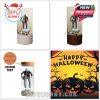 Multiple horror-themed light jars shown in both light and dark wood base styles. One version allows custom Halloween messages, perfect for gifting or personalizing spooky setups.