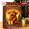 Highland Cow Advent box with cartoon-style artwork showing a humorous cow surrounded by Christmas lights and festive design elements!