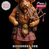 Scottish-themed Highland cow figurine performing with bagpipes in cultural costume, showing fine details and humorous charm!