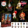 Collectible Christmas ornaments featuring horror characters dressed for the holidays, hanging on a Christmas tree.
