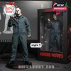 Halloween horror figure of Michael Myers with detailed jumpsuit folds and iconic mask, standing in front of his custom packaging box in black and red horror motif!