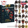 A colorful Houston Texans-themed Advent calendar with figurines, ornaments, and memorabilia featuring various Texas football players and trophies.