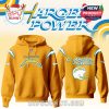 A golden yellow Los Angeles Chargers hoodie with front logo, back Charger Power design, and shoulder lightning graphics!