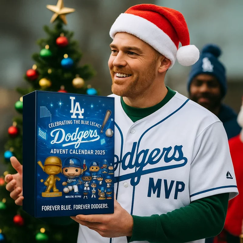 Man in Dodgers jersey with Santa hat holding Dodgers Advent Calendar 2025 in front of Christmas tree!
