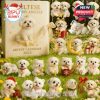 Maltese angel puppies in festive poses with holiday props like mugs, presents, ribbons, and halos arranged in a grassy garden scene!