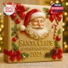 A close-up of the Santa Claus Advent Calendar box with a golden background, festive Santa face, and holiday decorations.