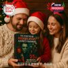 A family of three, with Santa hats, holding The Nightmare Michael Myers Advent Calendar in front of Christmas decorations.