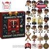 A vibrant red advent calendar box featuring the Minnesota Twins logo and holiday decorations. It includes collectible mini figurines and ornaments representing baseball moments and memorabilia.