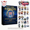A vibrant advent calendar showcasing the New York Rangers 100th Anniversary emblem. The calendar contains various collectible figures representing players and historic trophies from the team’s rich history.