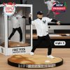A first pitch collectible featuring Bucky Dent in New York Yankees attire, posing mid-throw on a sandy-textured base beside a clean vertical display case!