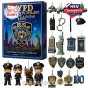 NYPD 180th Anniversary Advent Calendar featuring collectible NYPD items like badges, figurines, police cars, and the Statue of Liberty.