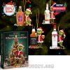 Hanging Grinch ornaments paired with spirit bottles on the 