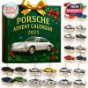 Porsche advent calendar showcasing 24 collectible mini car ornaments, beautifully packaged in a green holiday-themed box with red and gold accents!