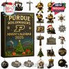 An advent calendar celebrating the Purdue Boilermakers, featuring mini figurines and ornaments related to the team, such as a football helmet, Ross-Ade Stadium, and more.