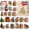 Pusheen figures dressed in Christmas outfits and accessories, displayed around a 2025 Christmas countdown calendar box.