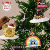 Radiohead-themed Christmas ornaments from the Advent Calendar 2025 featuring Jonny Greenwood figurine, golden decorations, and light-up rainbow ornament.