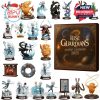 Detailed view of Rise of the Guardians Advent Calendar 2025 with figurines of characters like Jack Frost, Santa, and the Easter Bunny.