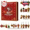 2025 San Francisco 49ers Advent Calendar featuring holiday-themed collectible ornaments such as football players, mascot, and Christmas items to celebrate the team's 80th anniversary.