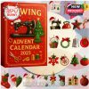 2025 Sewing Advent Calendar featuring 24 collectible sewing-themed ornaments, including scissors, sewing machines, and Christmas decorations, all set in vibrant red, green, and gold tones.