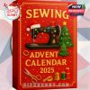 Close-up view of the 2025 Sewing Advent Calendar featuring a sewing machine surrounded by Christmas trees, lights, and sewing-themed decorations.