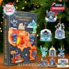 Stitch-themed ornaments with U.S. landmarks hanging on a Christmas tree, creating a fun and festive countdown to Christmas.