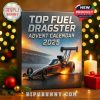 Top Fuel Dragster-themed advent calendar box featuring a flaming race car, perfect for speed fans and motorsport enthusiasts this Christmas!