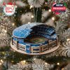 Miniature Blue Jays stadium ornament hanging on a Christmas tree with snow effects.