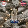 Toronto Blue Jays 1992 and 1993 championship trophy ornament hanging on a decorated tree.