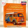 The calendar box uses warm orange tones with psychedelic motifs like stars and waves. The central image shows a painted VW van in floral and rainbow designs, with the title “Volkswagen Campervan Advent Calendar 2025” in shiny gold letters!