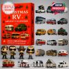 A red Christmas RV advent calendar featuring various RV models and travel figures arranged around the box with festive decorations and miniature details!