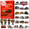The advent calendar box placed in a snowy Christmas scene with decorated toy RVs, festive trees, and soft warm lighting to set the holiday mood!