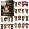 Box of collectible Highland cow ornaments in funny costumes with middle finger gesture, designed for humorous holiday décor or gag gifts!