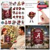 Alabama Crimson Tide holiday calendar and collectible ornaments arranged together, featuring festive designs and sports-themed decorations!