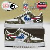 Kansas City Chiefs custom sneakers with a camouflage design, featuring the team logo, pink swoosh with the American flag, and U.S. Veterans tribute. These shoes offer a personalized touch for fans.