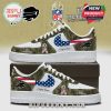 Buffalo Bills custom sneakers with camouflage design, pink swoosh with American flag details, and U.S. Veterans tribute. The shoes feature the NFL logo and space for personalization.