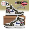 49ers-themed sneakers with camouflage design, featuring the team's logo, American flag graphic, and