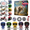 A high-energy holiday product image highlighting motocross-themed miniatures like bikes, helmets, rider characters, and AMA ornaments—all part of the 2025 AMA Motocross Advent Calendar gift set!