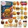 A vibrant collection of miniature food characters arranged beside the festive American Foodie calendar box. Each figure represents a popular American treat with cartoon charm!