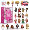 The advent calendar is accompanied by a fun lineup of tiny Barbies dressed as queens, singers, tech experts, dancers, and holiday icons—all in bright, joyful colors!