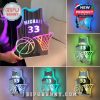 A colorful LED lamp featuring a basketball jersey with a customizable name and number, glowing in various colors.