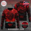 Buffalo Bills Christmas sweater with Stranger Things design, featuring front and back visuals and close-up of knit details.
