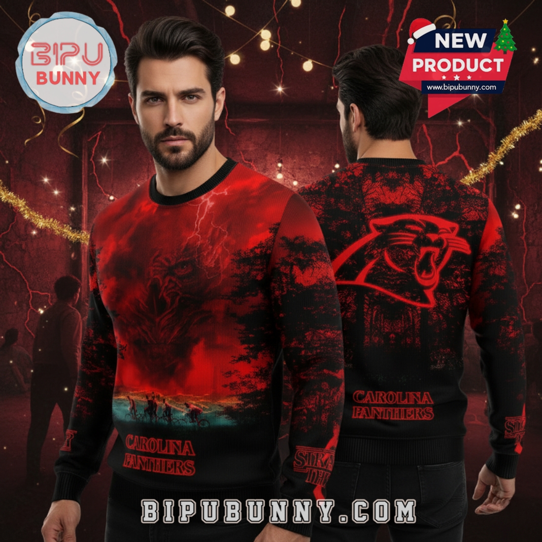 Carolina Panthers x Stranger Things Ugly Sweater 2025 Carolina Panthers x Stranger Things Ugly Sweater 2025