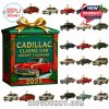 A collectible advent calendar filled with tiny Cadillac car replicas, each with a top hook for hanging as a Christmas ornament or displaying. The box itself looks like a brick fireplace wrapped in a holiday ribbon!