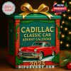 A retro-style advent calendar box designed like a holiday present, centered on a shiny red classic Cadillac. It blends collectible appeal with festive detail!